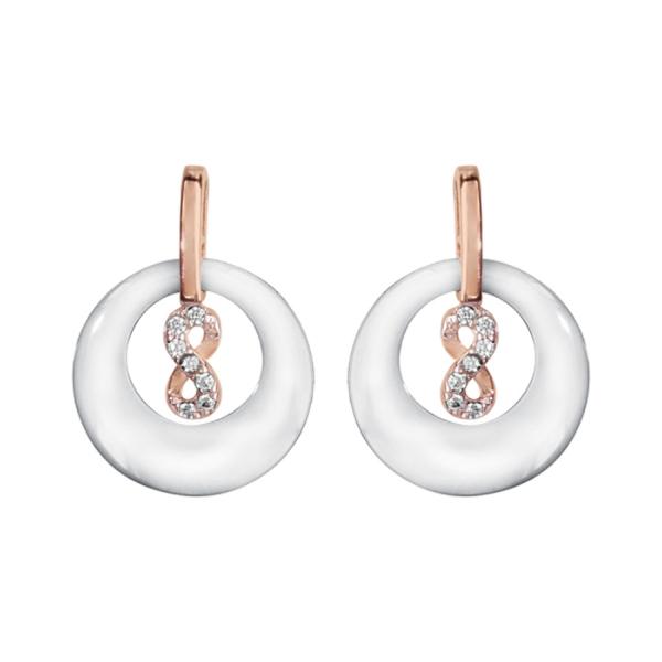 Boucles d'oreilles Plaqué Or Rose Rond Céramique Blanche avec Infini Zirconium