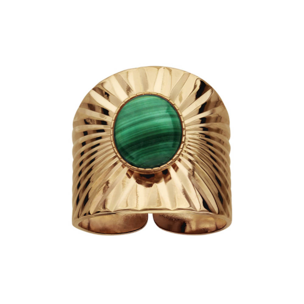 Bague Plaqué Or Drappée avec Malachite Véritable 