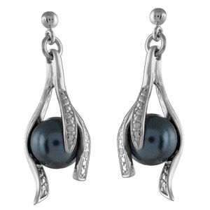 Boucles d'oreilles Argent 925, Zirconium et Perle d'imitation Grise