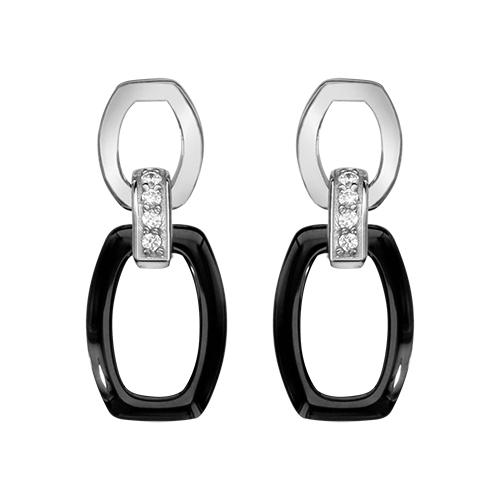 Boucles d'oreilles Argent 925 Double Elements Céramique Noire + Zirconium Sertis