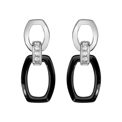 Boucles d'oreilles Argent 925 Double Elements Céramique Noire + Zirconium Sertis