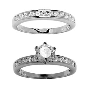 Bague Argent 925 Double Anneaux Solitaire Zirconium