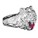 Bague Argent 925 Chevalière Tête de Lion Zirconium Rouge Gros Modèle