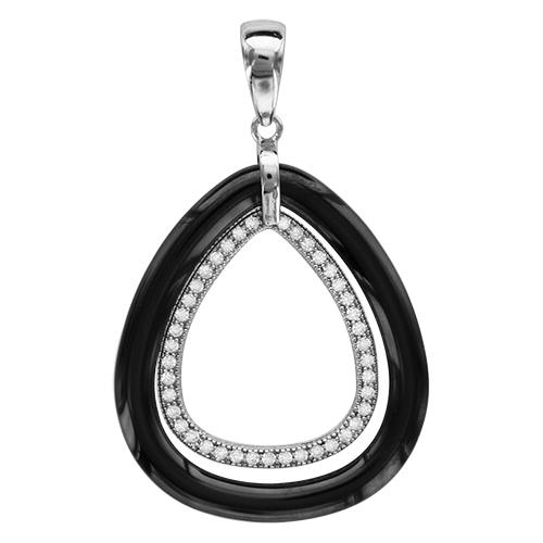 Pendentif Argent 925 Double Ovale Céramique Noire + Zirconium Sertis