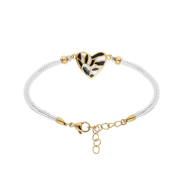 Bracelet Acier 316 L Doré Coeur Résine Blanche et Noire Cordon Blanc