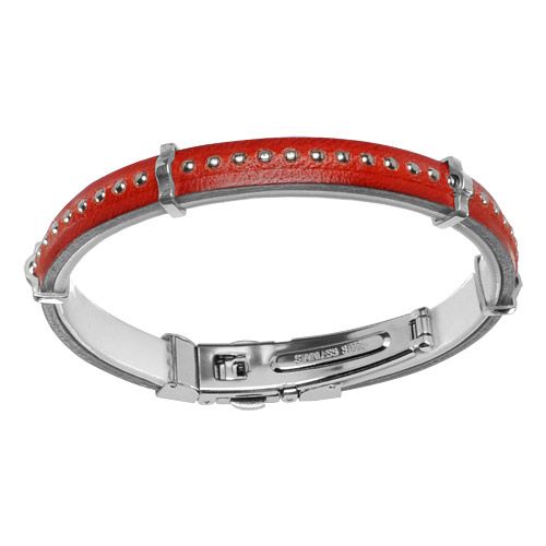 Bracelet Acier 316 L et Cuir Semi-Rigide Boules Rouge