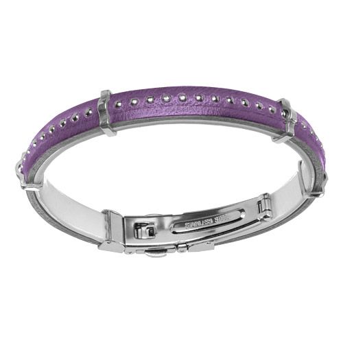 Bracelet Acier 316 L et Cuir Semi-Rigide Boules Violet