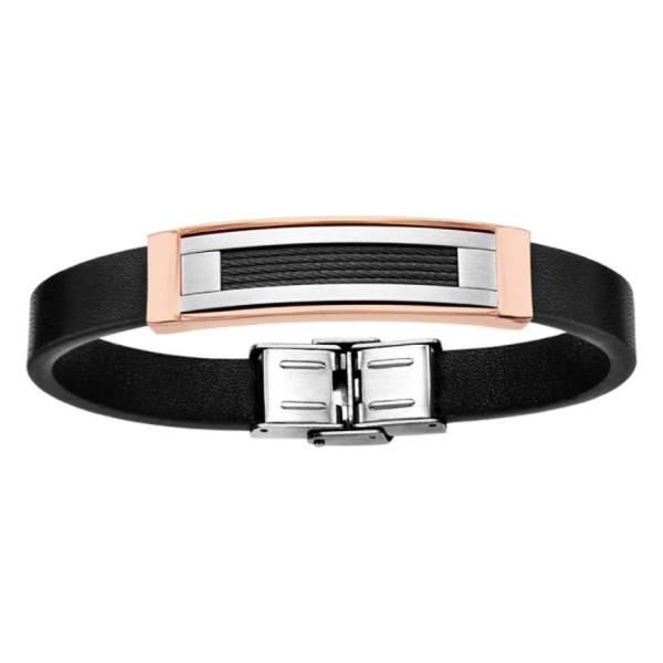 Bracelet Acier 316 L et Cuir Plaque Rose Câbles Noirs