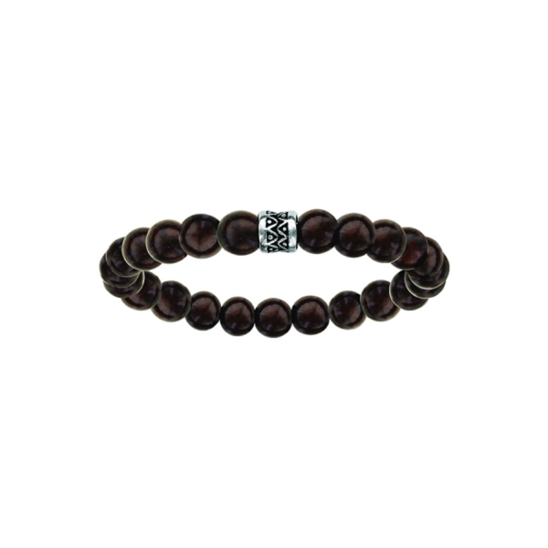 Bracelet Acier 316 L Elastique Perles Bois Marron Motif Patiné