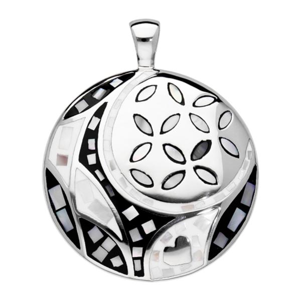 Pendentif Acier 316 L Motif Fleur Noir et Blanc avec Nacre