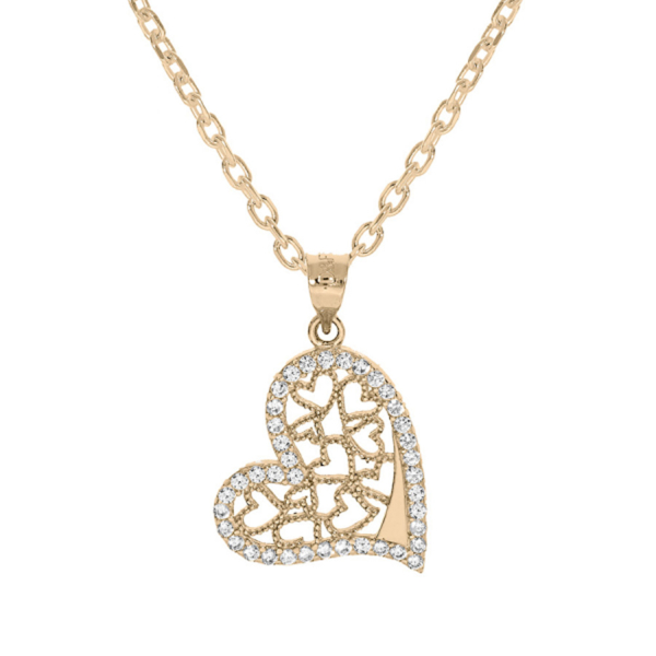 Collier Plaqué Or Pendentif Coeur Filigranes et Zirconium Sertis