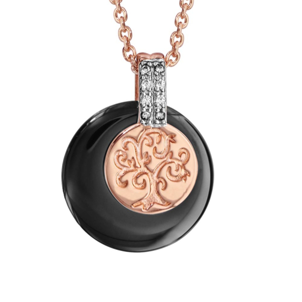 Collier Plaqué Or Pendentif Rond Céramique Noire Arbre de Vie Zirconium