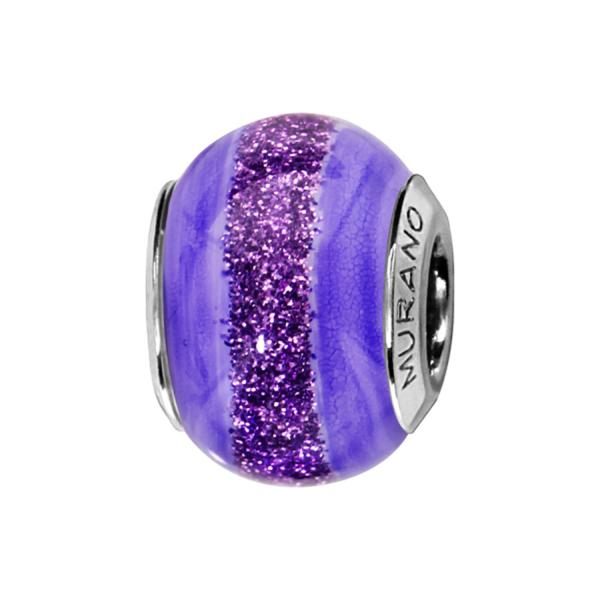 Charms Argent 925 Perle Murano Violet Bande Pailleté