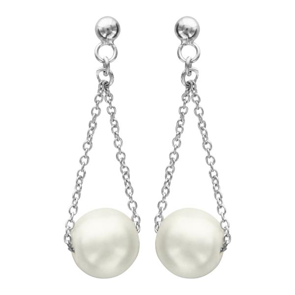 Boucles d'oreilles Argent 925 Pendante Double Chaine Perle d'imitation Blanche