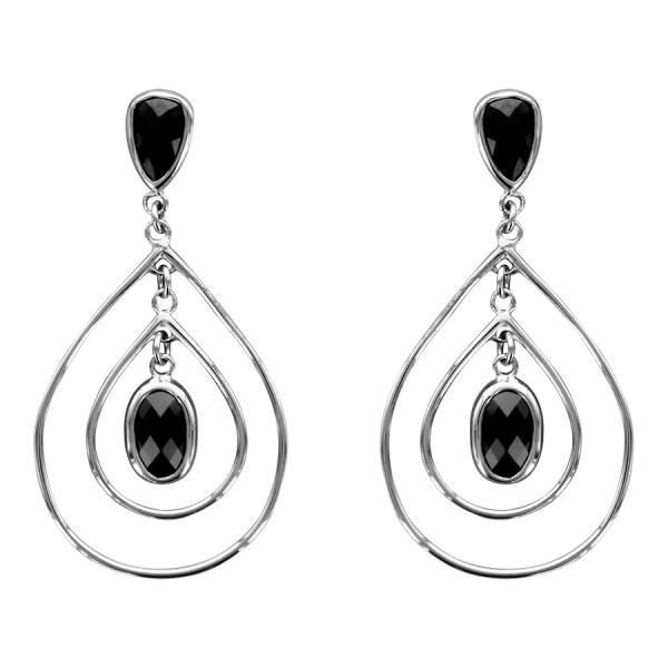 Boucles d'oreilles Argent 925 Double Gouttes avec Zirconium Noir Facette