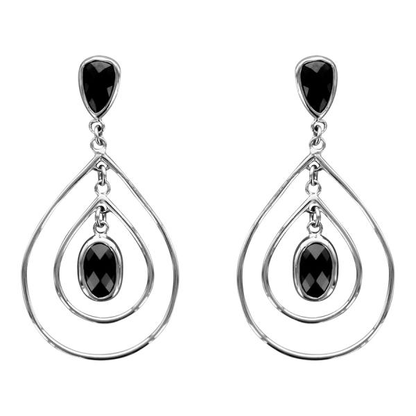 Boucles d'oreilles Argent 925 Double Gouttes avec Zirconium Noir Facette