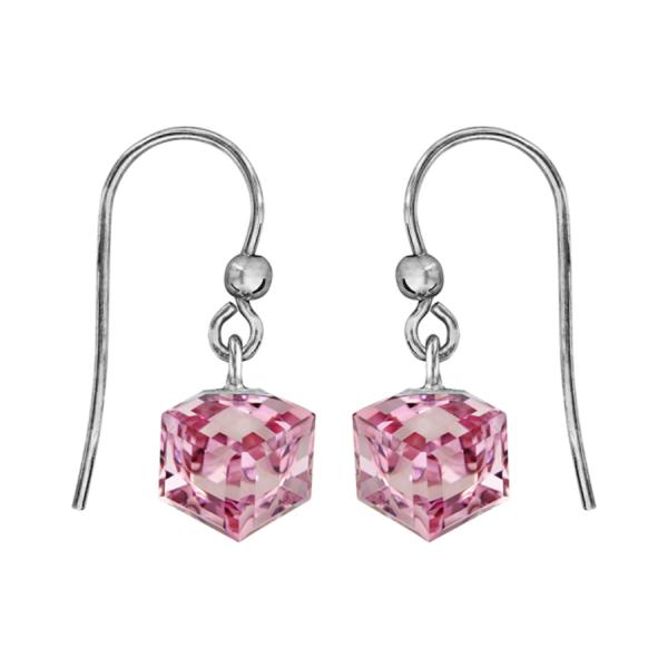 Boucles d'oreilles Argent 925 Crochet Cube Cristal Rose