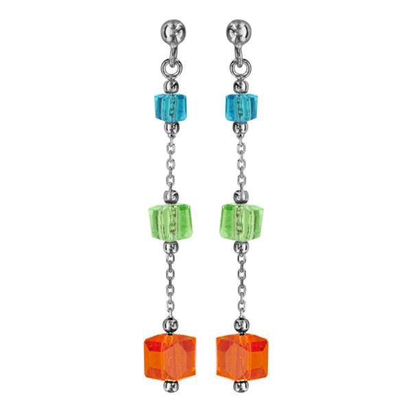 Boucles d'oreilles Argent 925 Pendantes 3 Cubes Verre Multicolore