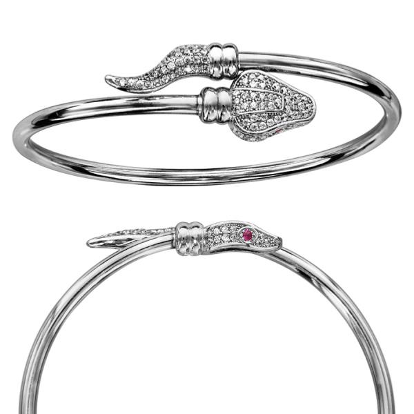 Bracelet Jonc Argent 925 Serpent avec Zirconium Sertis Yeux Rouge