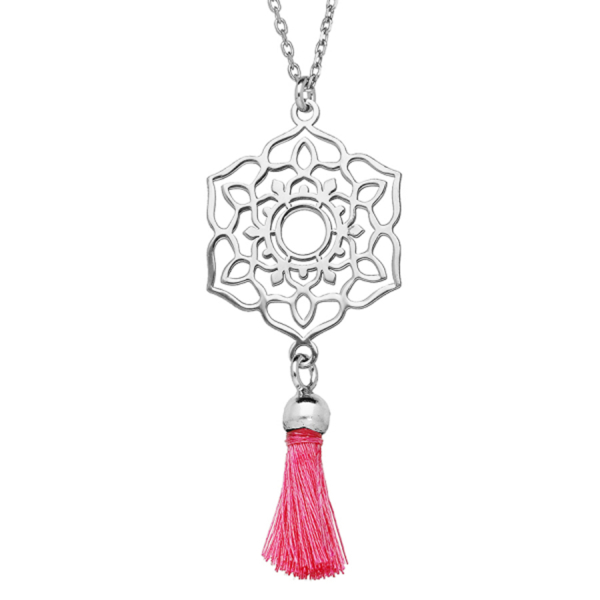 Collier Argent 925 Fleur de Vie Ajourée Pompon Rose 