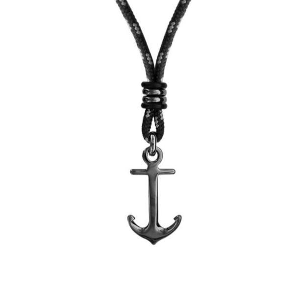 Collier Argent 925 Corde Noire et Grise Ancre Marine Rhutenium Noir