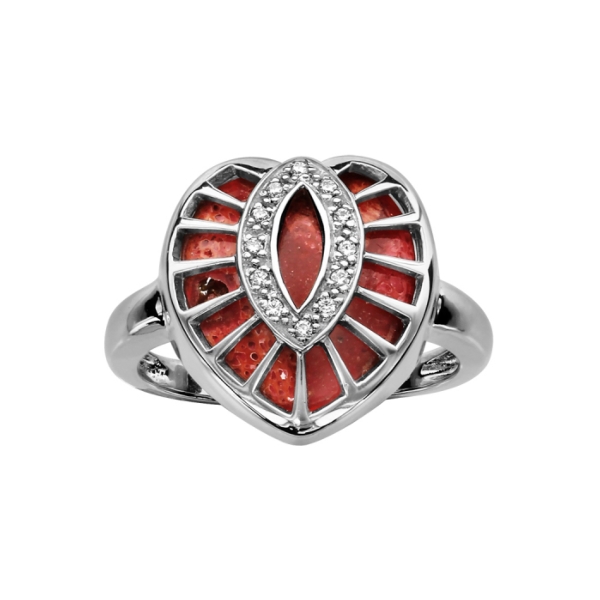 Bague Argent 925 Forme Coeur Corail et Zirconium Blanc