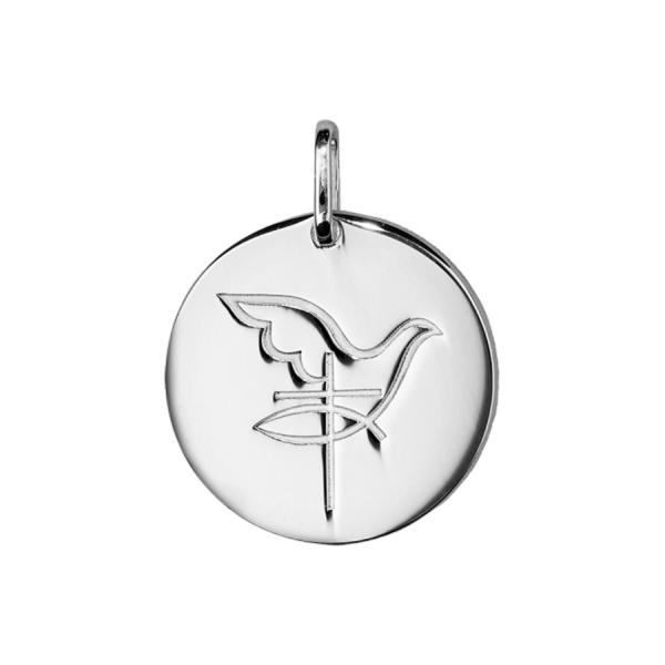 Pendentif Argent 925 Médaille Ronde Colombe Avec Croix 