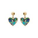Boucles d'oreilles Tige Acier 316 L Doré Forme Coeur Résine Bleu Vert