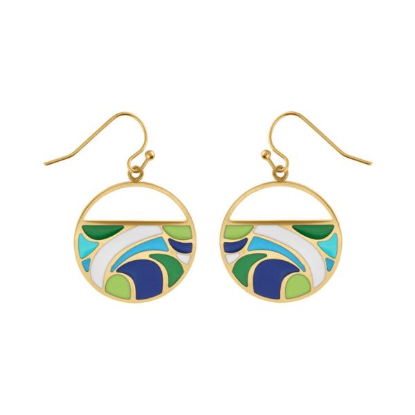Boucles d'oreilles Acier 316 L Doré Jaune avec Résine Verte et Bleu