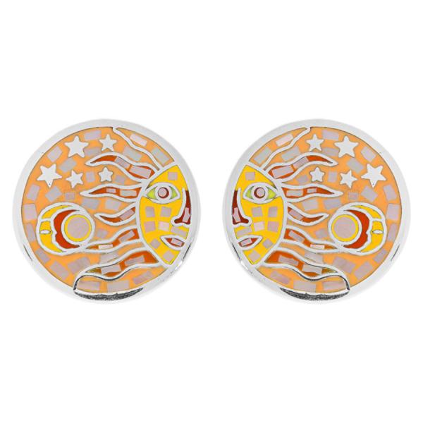 Boucles d'oreilles Acier 316 L Rondes Soleil Jaune Orangé avec Nacre