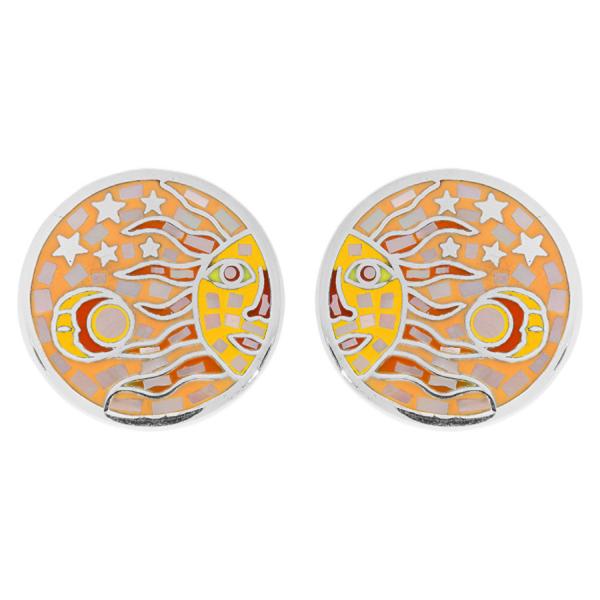 Boucles d'oreilles Acier 316 L Rondes Soleil Jaune Orangé avec Nacre