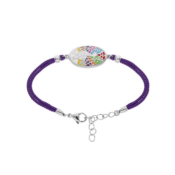 Bracelet Acier 316 L Paon Multicolore avec Nacre Cordon Mauve 16+3 cm