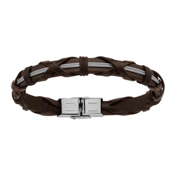 Bracelet Acier 316 L Cuir Marron Tressé Double Cable