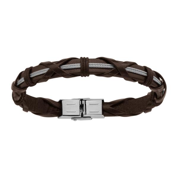 Bracelet Acier 316 L Cuir Marron Tressé Double Cable