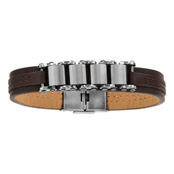 Bracelet Acier 316 L et Cuir Marron 4 Elements Cylindriques