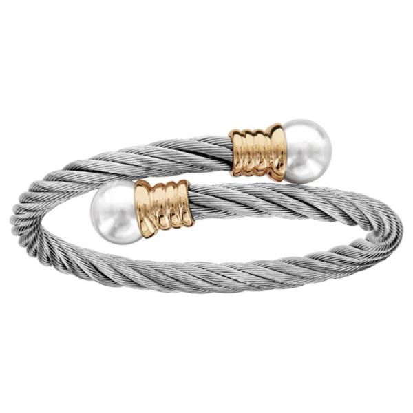 Bracelet Acier 316 L Cable Torsadé Ouvert 5 mm 2 Perles de Synthèse Blanches Support Jaune