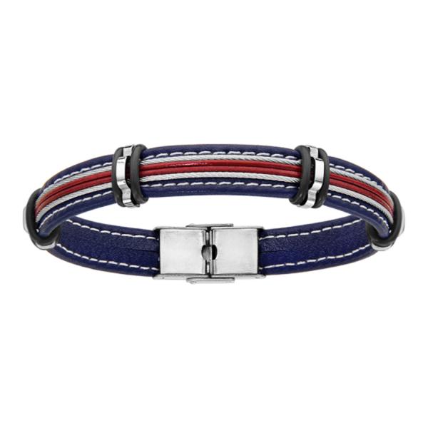 Bracelet Acier 316 L Cuir Bleu et Rouge Cables Gris 20 cm