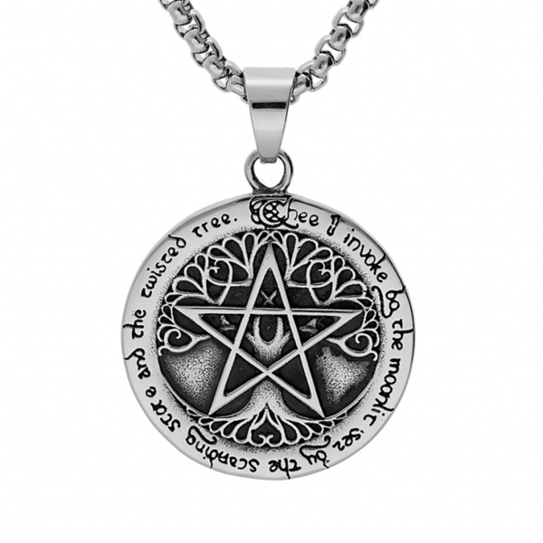 Collier Acier 316 L Pendentif Rond Viking Arbre de Vie et Etoile