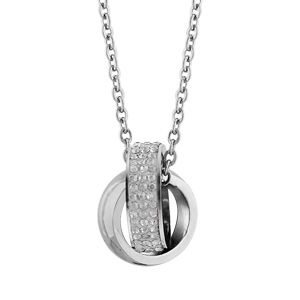 Collier Acier 316 L Pendentif Double Anneaux Entremêlés Lisse et Strass Blanc