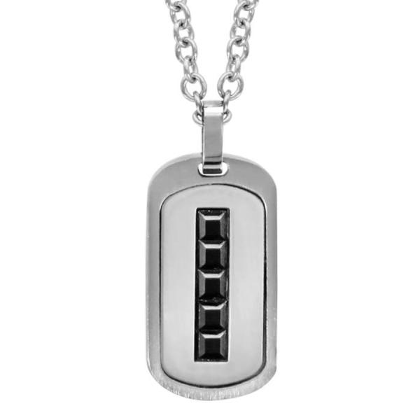 Collier Acier 316 L Pendentif Rectangulaire Bande Pierres Noires