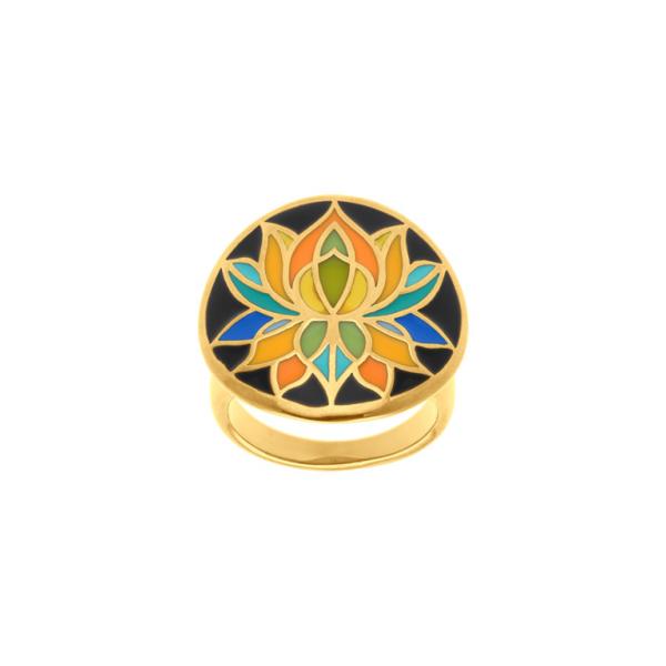 Bague Acier 316L Doré Jaune Fleur de Lotus Résine Multicouleur Fond Noir