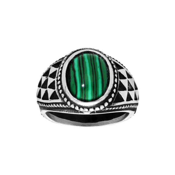 Bague Chevalière Acier Malachite Véritable