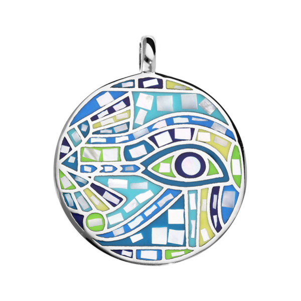 Pendentif Acier 316 L Rond Résine Bleu Vert et Nacre