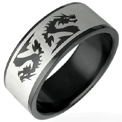 Bague Homme Acier 316 L  Dragon Chinois Bicolore