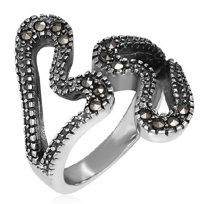 Bague Acier 316 L et Marcasite Double Coeur