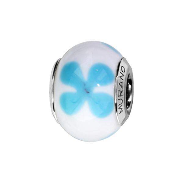 Charms Argent 925 Perle Murano Blanc Motif Fleur Bleu Ciel