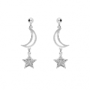 Boucles d'oreilles Argent 925 Platiné Lunes et Etoiles avec Zirconium