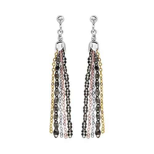 Boucles d'oreilles Argent 925 Multi-Chaines Fantaisie Couleur Jaune Gris Noir