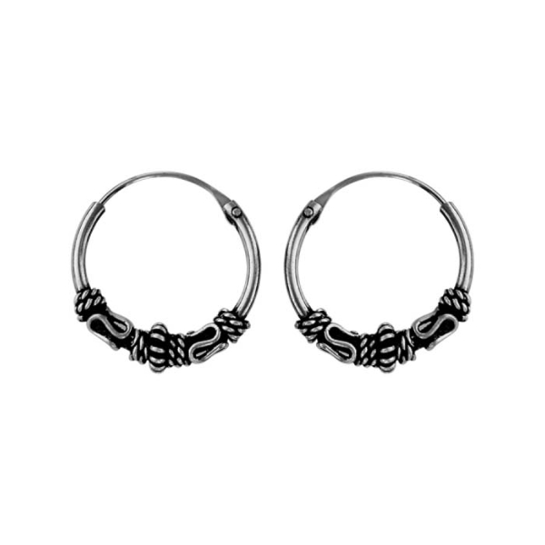 Boucles d'oreilles Argent 925 Créole Patinées Double Motif Tribal Avec Rondelle 12 mm