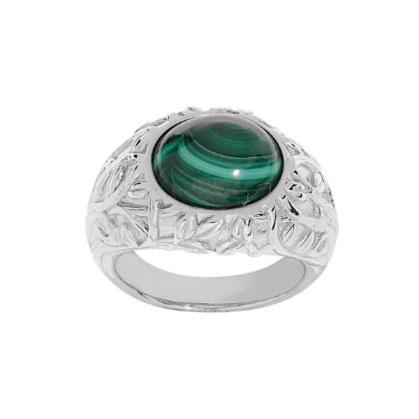 Bague Argent 925 Feuillage Sculpté Cabochon Malachite